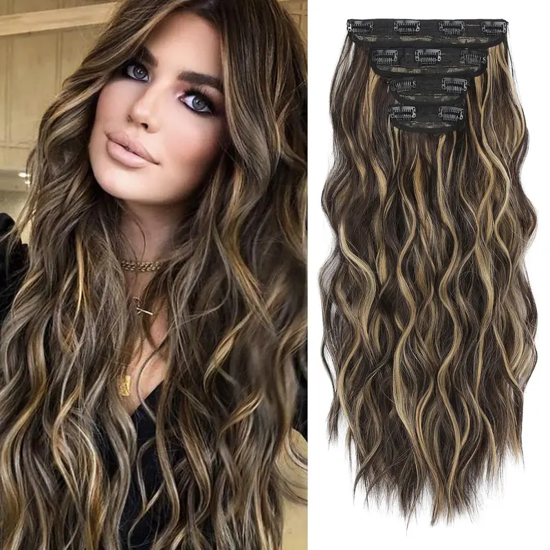 Wavy Hair Extensions, 4PCS Clip in Hair Extensions Natural Soft Synthetic Hairpieces for Women, Dark Brown with Blonde Highlights