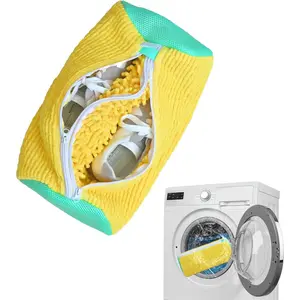 Dual Shoe Machine Bag Holds 2 Shoes,Reusable Laundry Shoe Bag for Washer and Dryer 360° Deep,Shoe Bags with-in Brushes for Sneaker Tennis Shoes Drying Bags (Yellow)