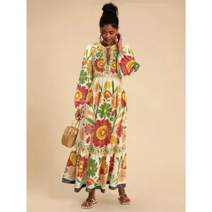 2025 Women's Bohemian Ethnic Dress – Printed Large Swing Skirt, Long Sleeve Lace-Up Casual Maxi Dress