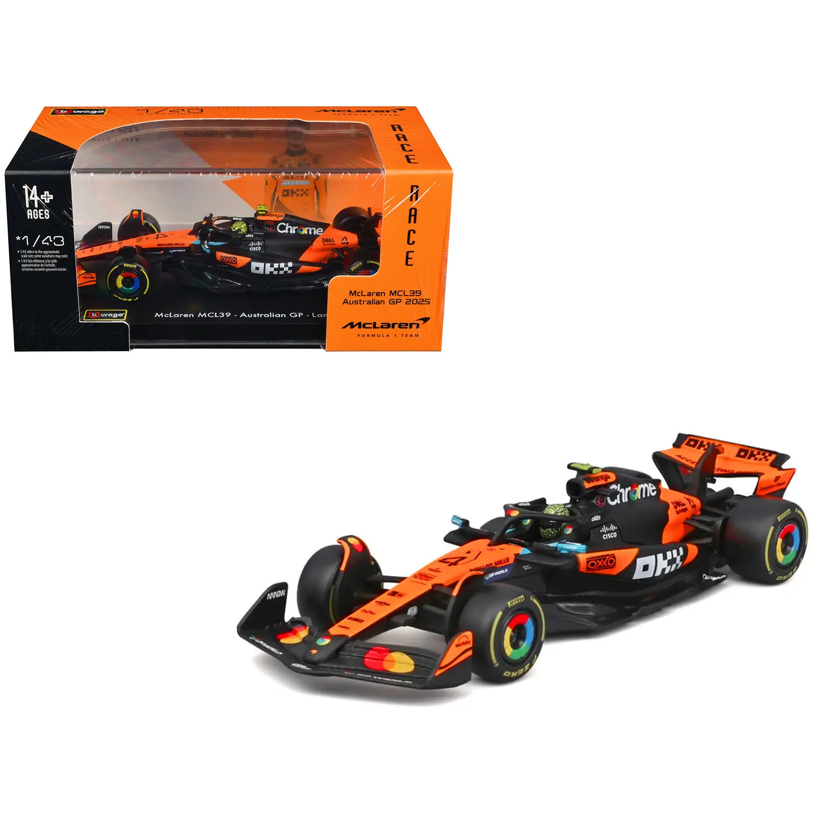 McLaren MCL39 #4 Lando Norris Winner F1 "Australian GP" (2025) with Display Case "Race" Series 1/43 Diecast Model Car by Bburago
