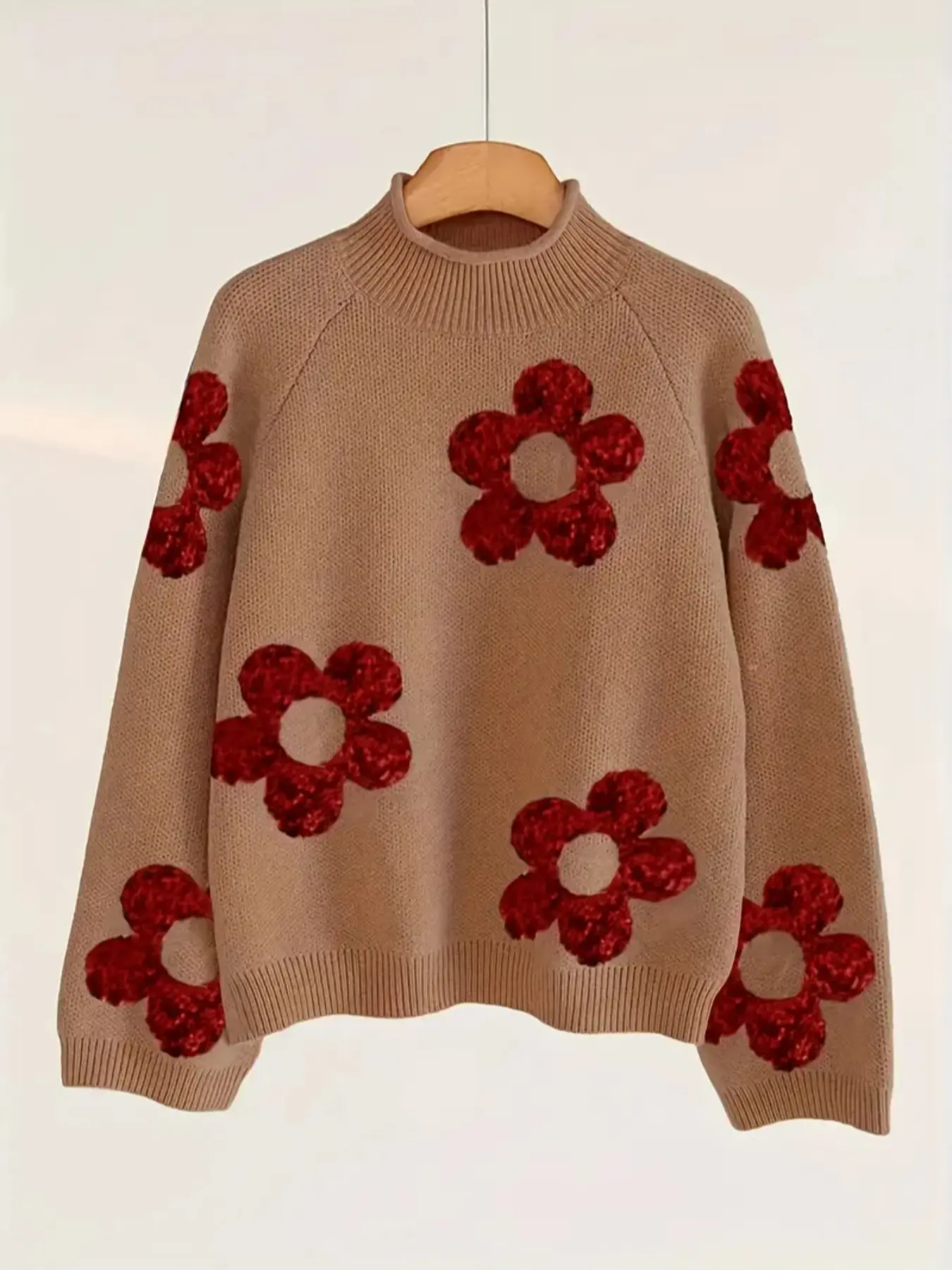 Women's Red Floral Mock Neck Sweater, Cute 3D Flower Pattern Knitted Jumper, Women's Sweet Holiday Party Top