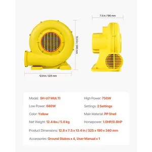 VEVOR Inflatable Blower, 680750W, 1.0HP Bounce House Blower, Pump Commercial Air Blower for Inflatables, 3400RPM Bouncy Castle Electric Air Blower Fan Perfect for Bounce House, Waterslides, Yellow