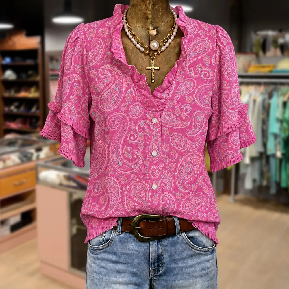 Cherrybetty Vintage Paisley Print Ruffle Neck Frayed Hem Top Outfit Inspo Spring Summer Fashion Going Out Tops
