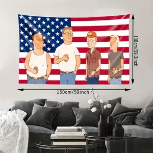 <of the Hills> animated hanging - flag background with characters, polyester, size 78.74inch x 59.06inch, bedroom, office or party decoration, humorous room decor, durable, decoration D
