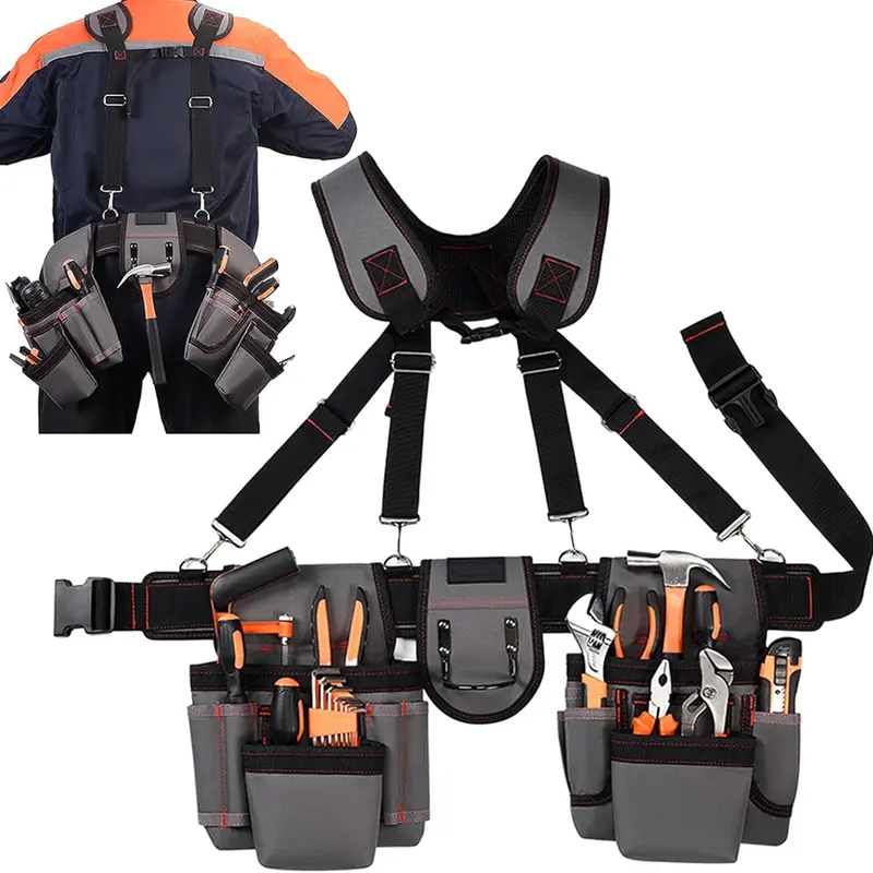 gifts boyfriend Tool Belt With Suspenders 22 Pockets Tool Bag Multi Functional Adjustable Waist Tool Belt Heavy Duty Tool Organizer Suitable for Framers Carpenter Electrician Construction light gray middle