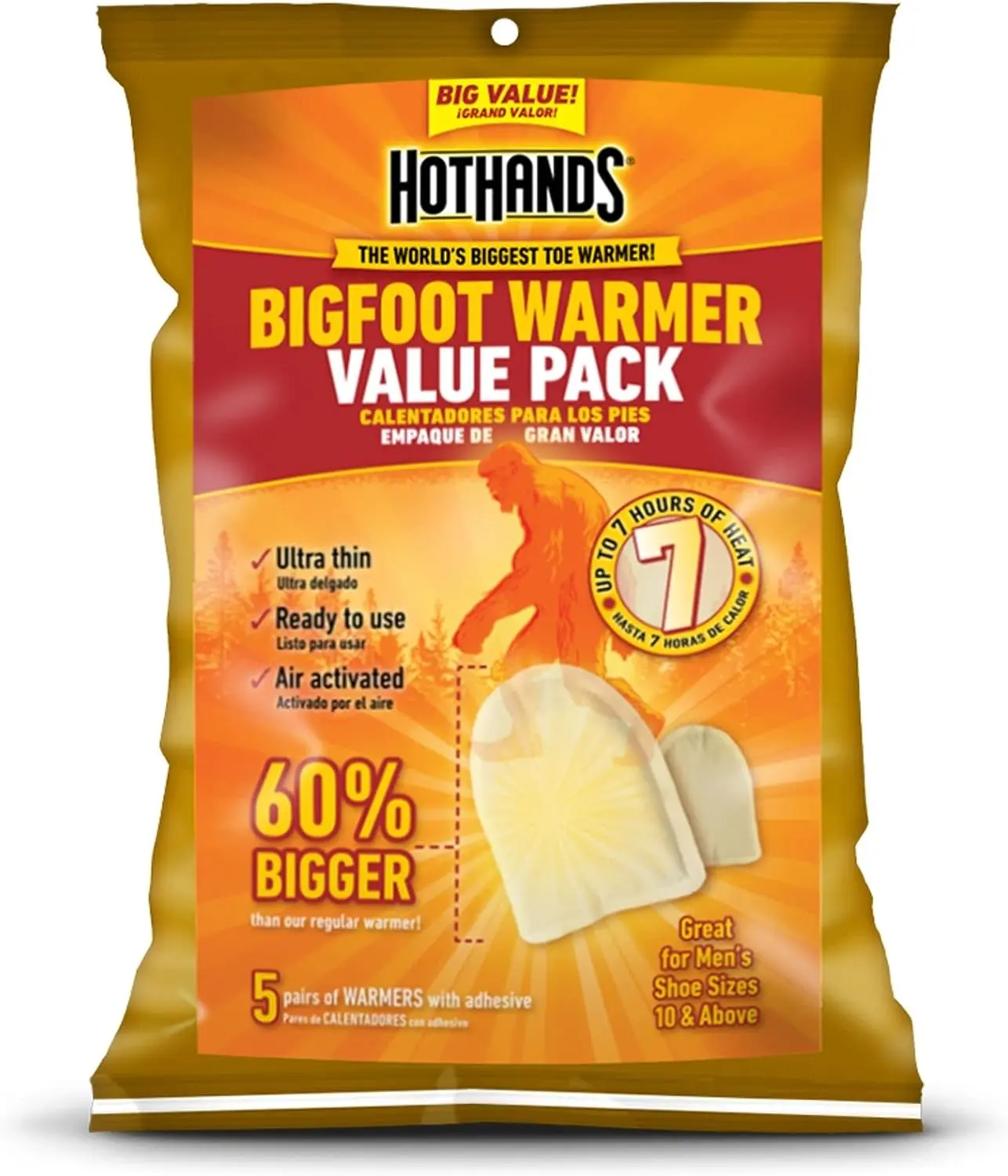 HotHands BigFoot Warmers - Long Lasting Safe Natural Odorless Air Activated Warmers - Up to 7 Hours of Heat - 5 Pair Pack
