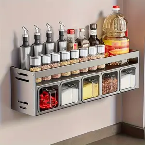 5 Slot Kitchen Storage Rack Spice Organizer, Durable Aluminum Material Easy Installation, Wall Mounted with Pull-Out Storage Box for Kitchen Seasoning and Condiment Organization