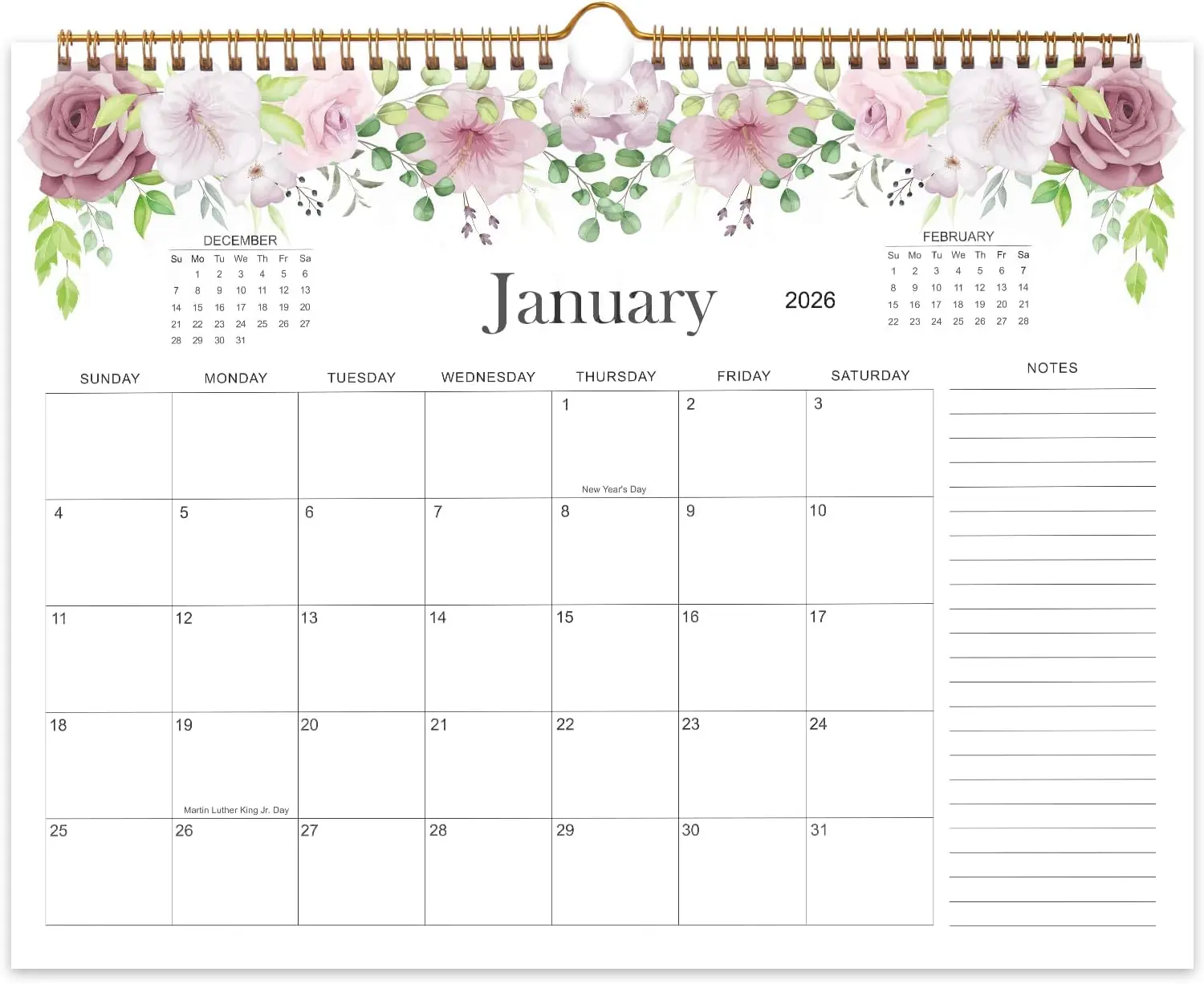 2026 Wall Calendar, Tempomind Calendar 2026, 18 Month Wall Calendar January 2026 to June 2027, 14" x 10.5" Aesthetic Hanging Calendar for Home Office School, Floral