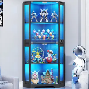 MIIFUNY Corner Display Cabinet with Glass Doors, 65" Lighted Curio Cabinet with 3 Color Lights for Collectibles, Toys, 4-Tier Showcase Display Case with Human Body Sensor for Living Room, Black