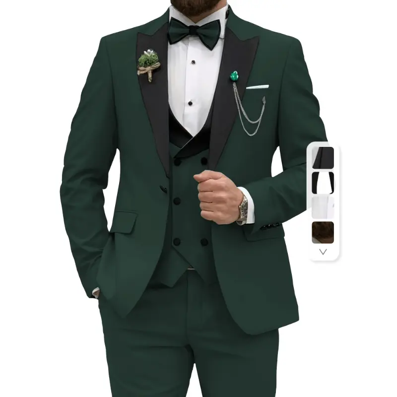 Men's 3-Piece Slim Fit Suit Set, Solid Viscose Blend Formal Wear with Peak Lapel Jacket and Double Breasted Vest, Tops, Viscose-Rich, Smooth Touch