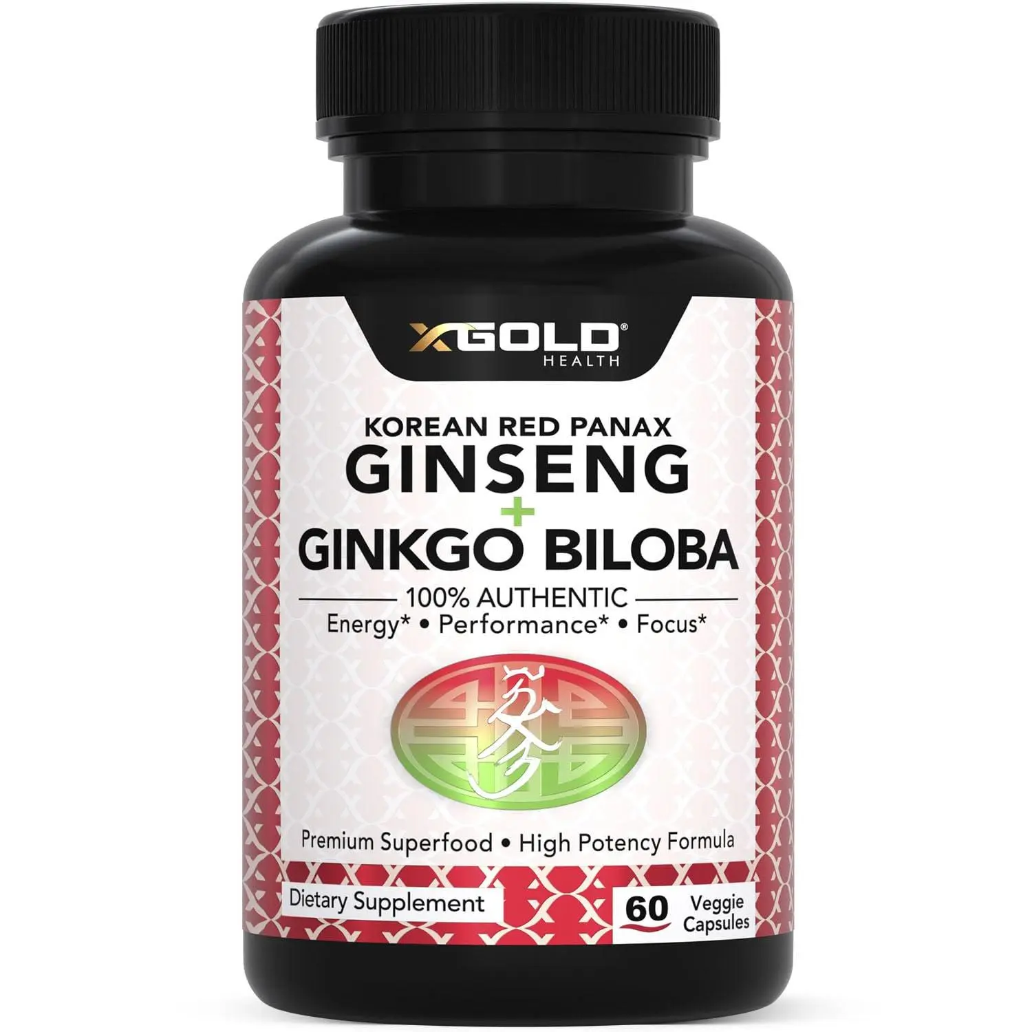 Korean Red Panax Ginseng & Ginkgo Biloba - Boost Energy & Mental Clarity - Vegan Capsules