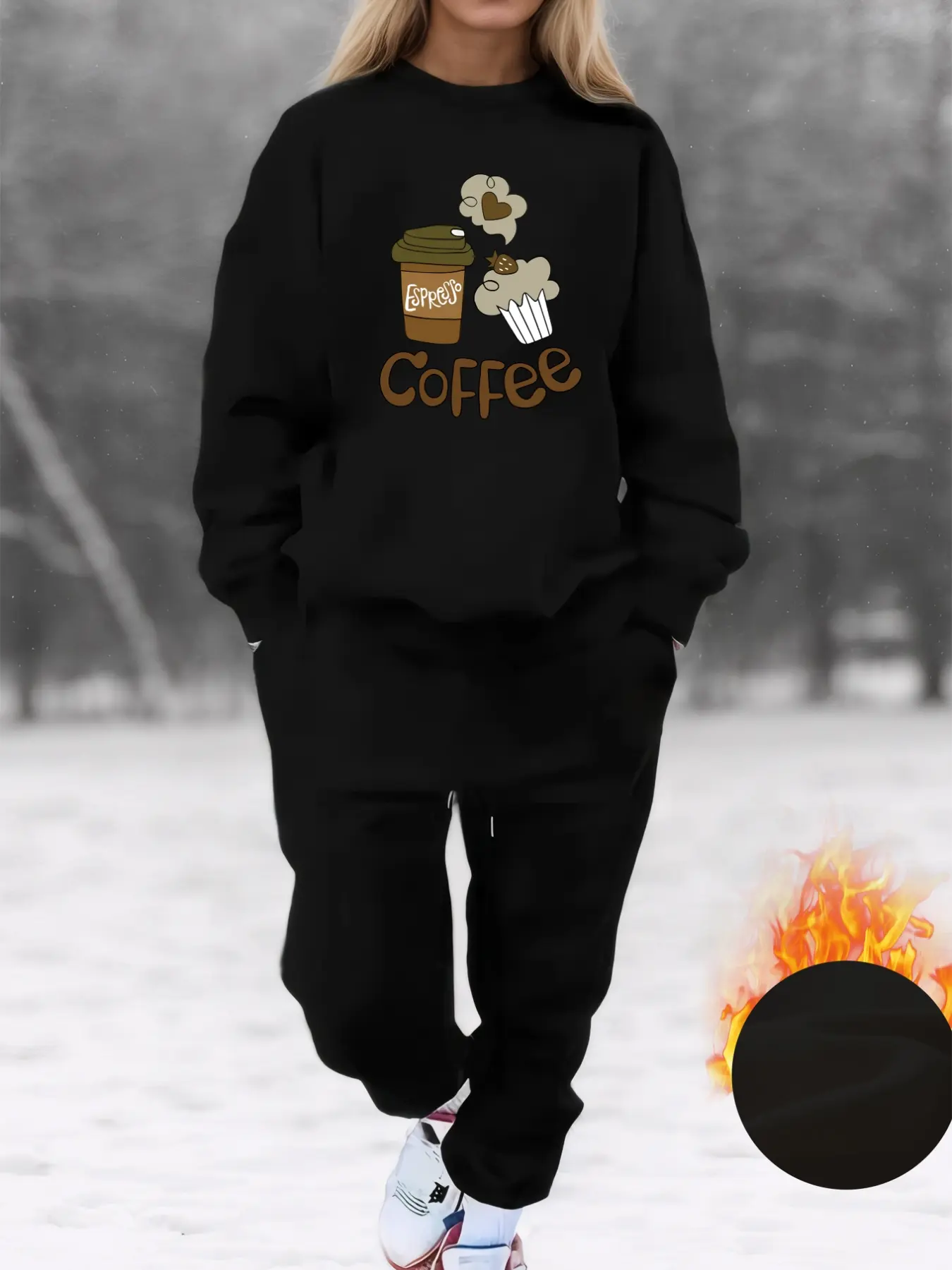 Women's Plus Size Fall Winter Fleece Sweatshirt Set, Cake Coffee Letter Print, Casual Streetwear Long Sleeve Round Neck Top & Drawstring Pants