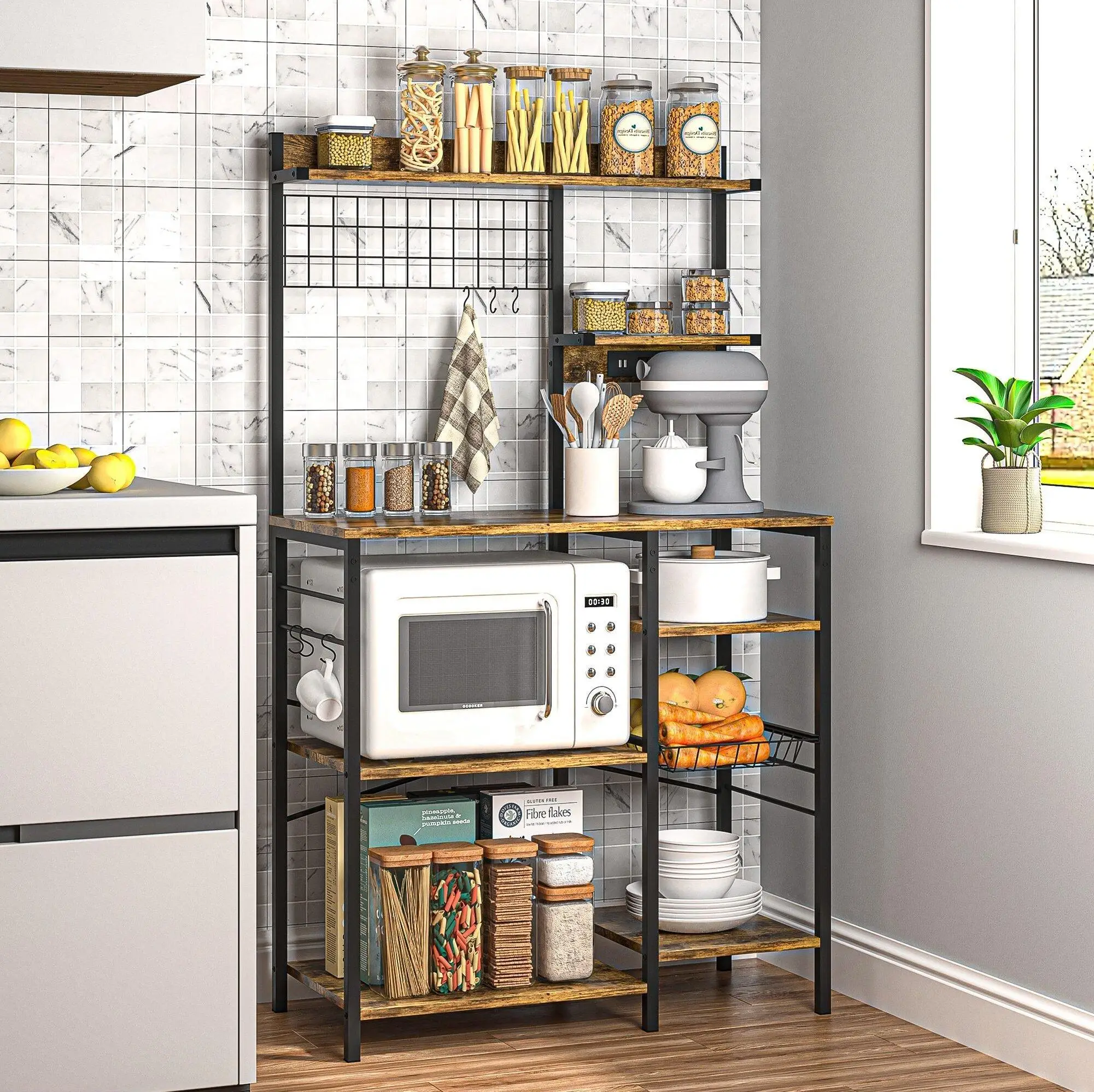 Multifunctional Kitchen Shelf Kitchen Bakers Rack with Storage, 5-Tier Microwave Oven Stand Shelf , Freestanding Utility Kitchen Storage Rack Organise