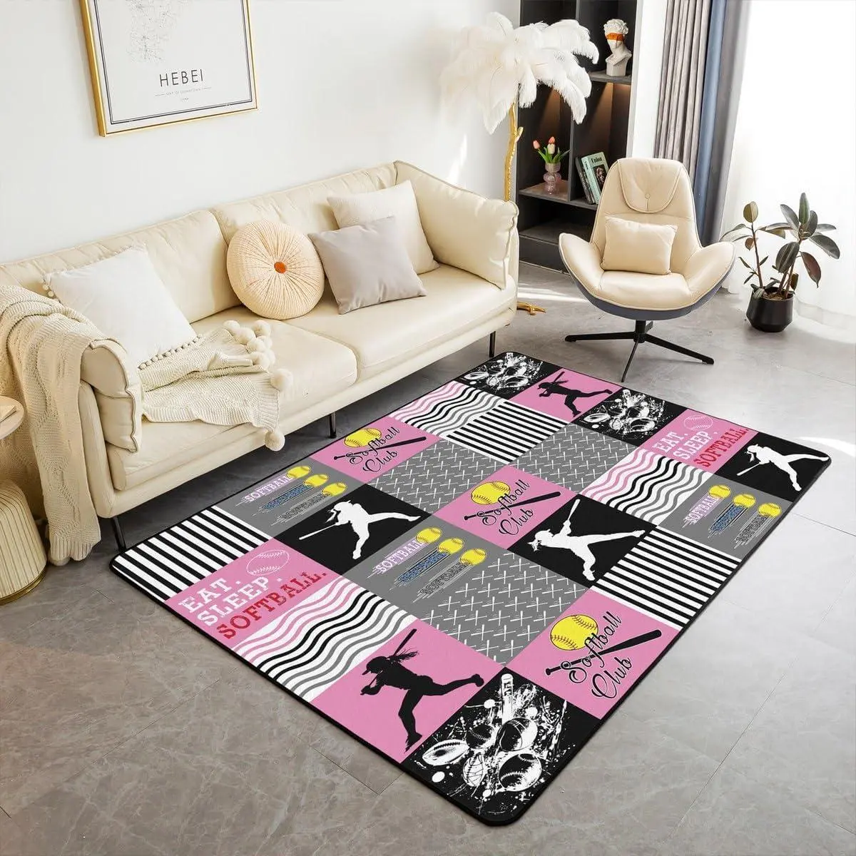 Softball Living Room Rugs for Bedroom Area Rug for Kids Teens Girls Woman Gift for Softball Lover Decor Carpet Soft Baseball Indoor Floor Mat Ball Sports Theme Sports Game