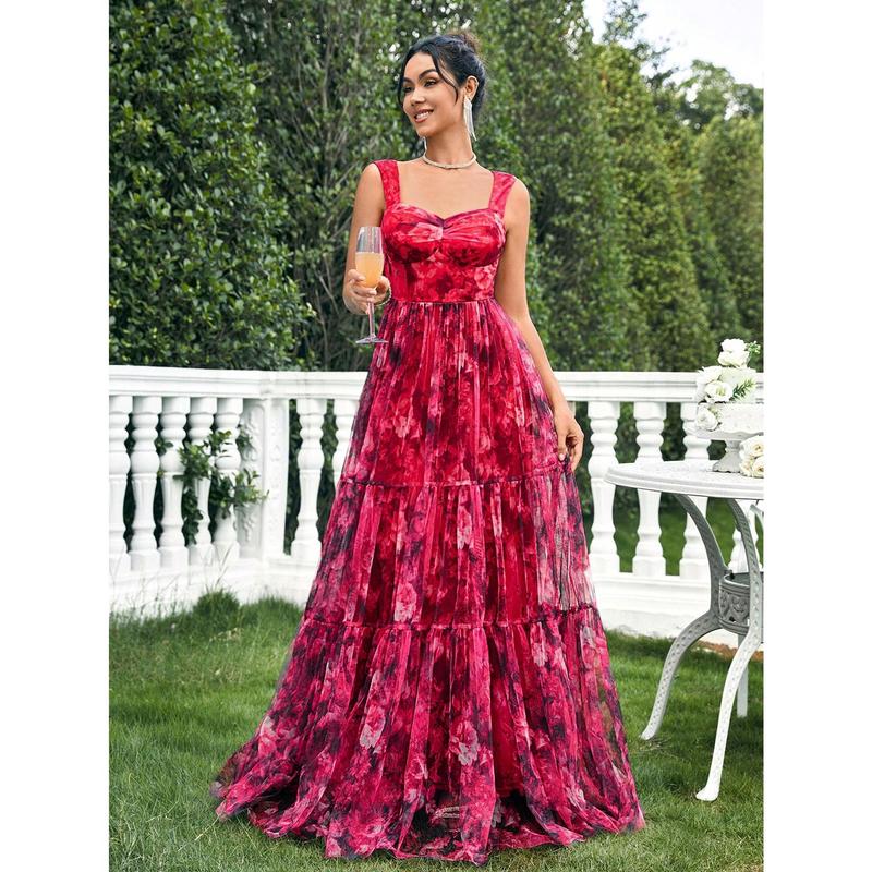 SHEIN Belle Floral Print Mesh Layer Dress Fashion Slim Ball Gown Skirt Maxi Women Outfit