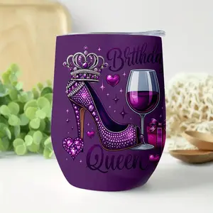 12oz Purple High Heel Crown Print Insulated Stainless Steel Tumbler, Portable Lid Water Bottle, Kitchenware Drinkware for Her, Ideal for Water & Coffee, Birthday Queen Vacuum Flask, Summer Vibes, Water Bottles