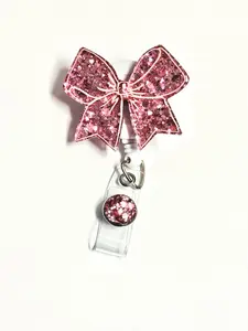 Pink Cheer Bow, 2”, Retractable Swivel Alligator Clip, Nurse, Dental, Office, Cute