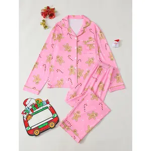 Wear Christmas treats! Gingerbread man & candy cane all-over print pajamas: long-sleeve lapel top + pants. Pink-sweet vibe, warm and festive sleep couple set. Soft, comfy, perfect for home and outings. Loungewear Nightwear Pjs Pyjamas Menswear Bestie