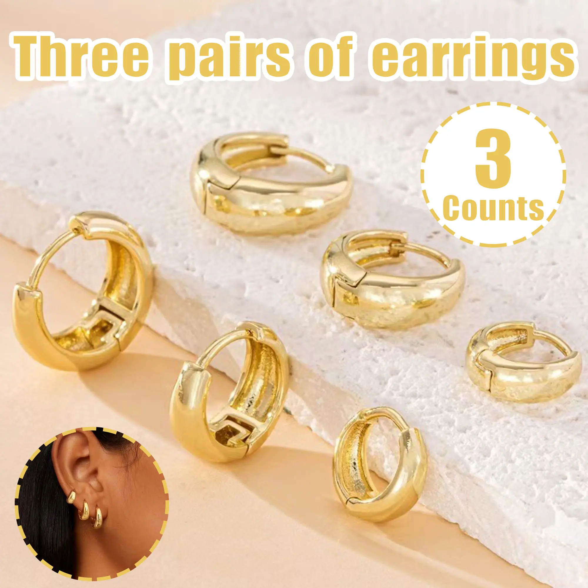 3 Counts Women's Sterling Silver Post Earrings Hypoallergenic 14K Gold Plated Dainty Cartilage Stud Huggie Hoop Dangle Chain Earrings Gold Jewelry