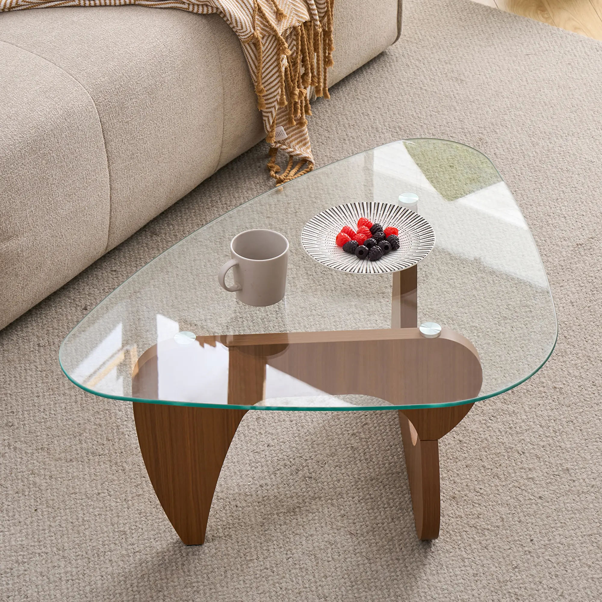 43.3'' Modern Glass Coffee Table with Geometry Base, Irregular Triangle Shape Coffee Table for Living Room Office, Brown Finish Wood Base,Mid-Century Style Cocktail Center Table for Small Space