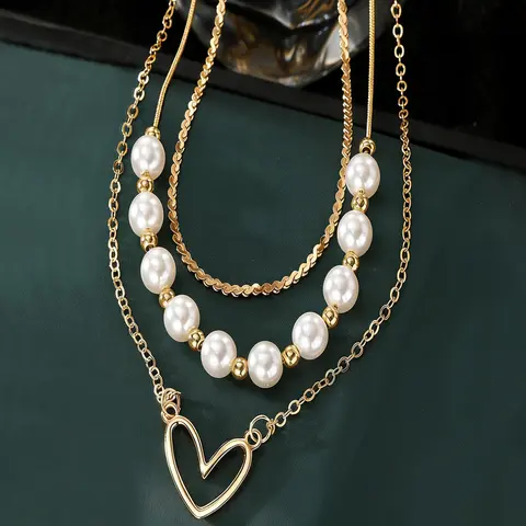 Faux Pearl Decorated Heart Design Layered Necklace, Multilayer Necklace, Love Heart Necklace, Fashion Jewelry for Party, Daily Clothing Decor, Trendy All-match & Exquisite Jewelry for Birthday Gift, Fashionable Jewelry Accessories, Fashion Accessory