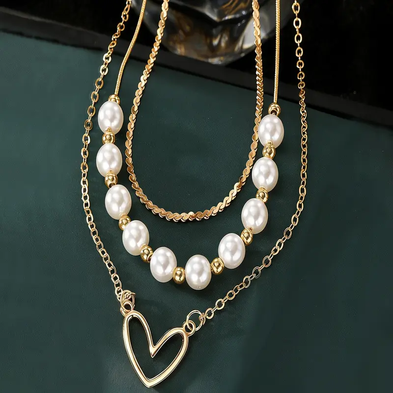 Faux Pearl Decorated Heart Design Layered Necklace, Multilayer Necklace, Love Heart Necklace, Fashion Jewelry for Party, Daily Clothing Decor, Trendy All-match & Exquisite Jewelry for Birthday Gift, Fashionable Jewelry Accessories, Fashion Accessory