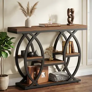 39.4" Industrial 4-Tier Console Table, Narrow Rustic Brown Sofa Table Entryway Table, Wood Accent Storage Table for Living Room, Hallway, Foyer