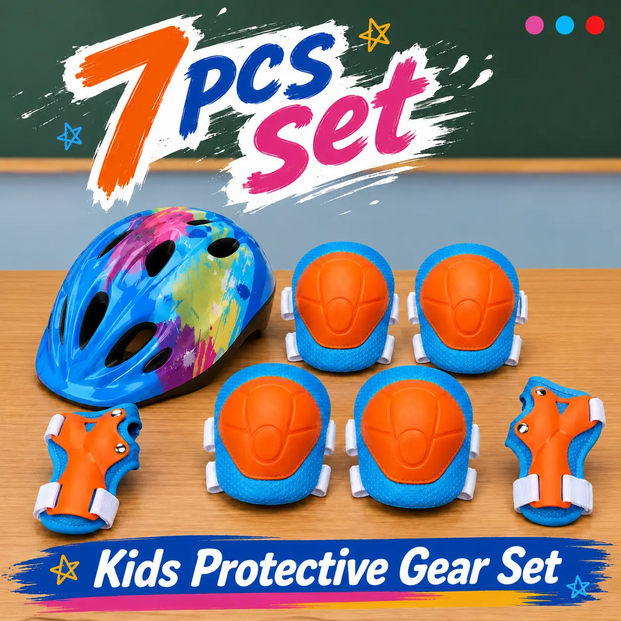 7-Pieces Kids Multicolored Outdoor Sports Protective Gear Set - Adjustable Ventilated Helmet, Knee Pads, Elbow Pads, Wrist Guards for Skateboarding, Ages 5-10, 20.5-24.4 in