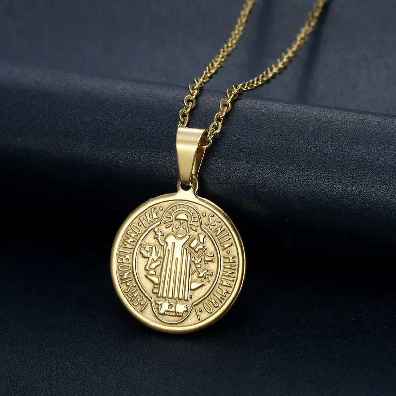 Saint Benedict Medal Necklace, Vintage Religious Protective Pendant, High-End Daily Chain Jewelry, Protective Pendant Necklaces, Chain Jewelry Necklaces
