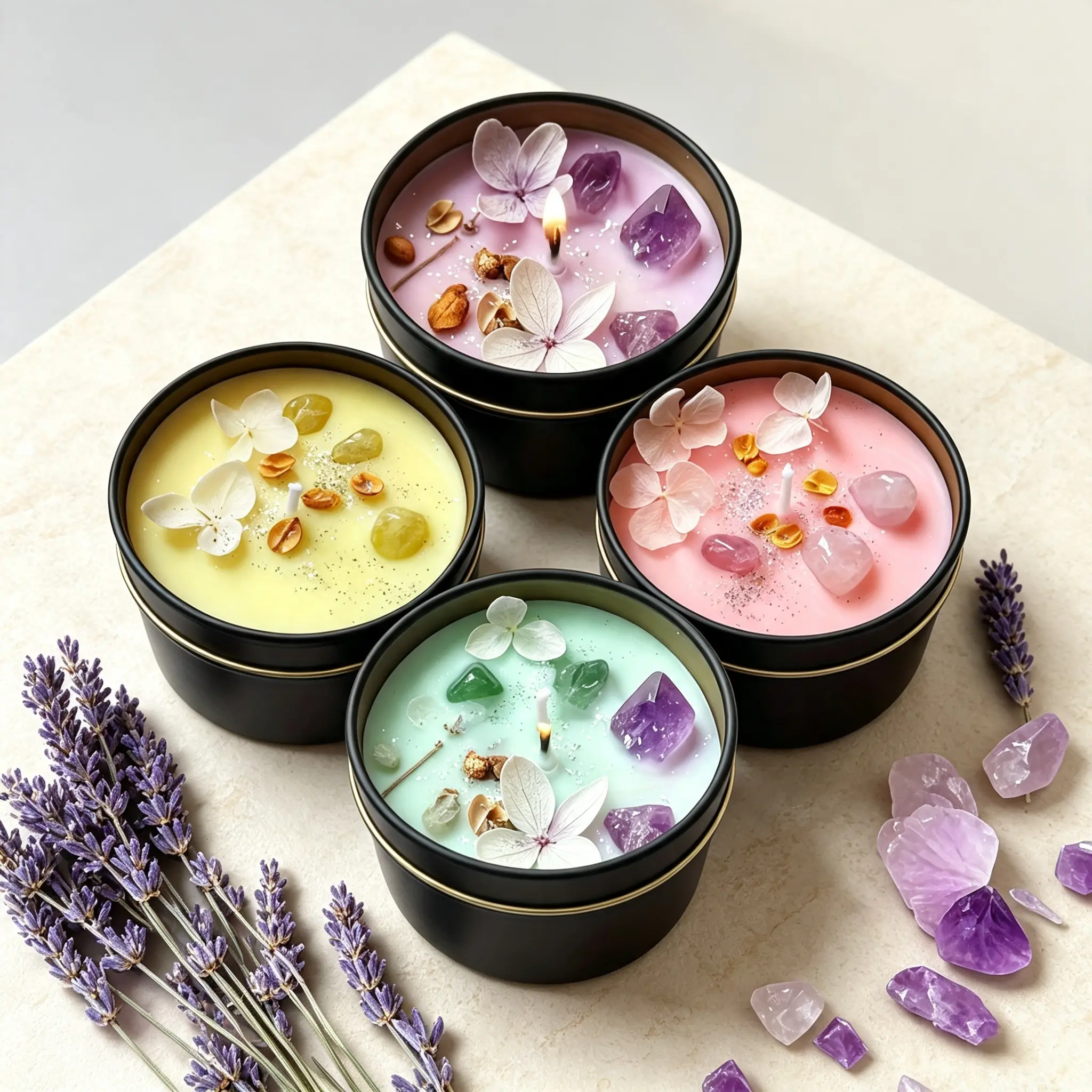 4-Pack Scented Soy Wax Jar Candle Set, 4 Assorted Fragrances, Natural Crystal & Dried Flower Decor, Aromatherapy Candles for Home Decor, Gifting, Holiday Season，Suitable for Halloween, Christmas, weddings, and Easter