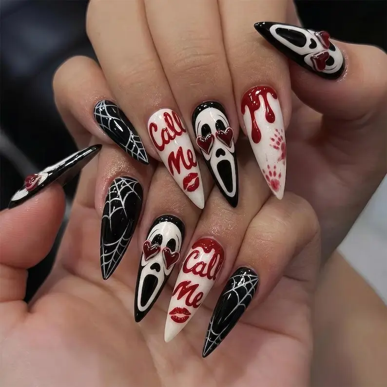 Spooky Scream Ghostface Halloween Press On Nails | Bloody "Call Me" Spiderweb Long Stiletto Fake Nails | Goth Horror False Nails | Custom Handmade Reusable Gel Nail Art Set | Trendy Creepy Manicure For Women