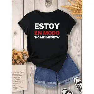 1pc Women's Casual Short Sleeve T-Shirt - BoldSpanish "Estoy en Modo No Me Importa" Print,Black with White & Red Text, Round Neck,Machine Washable, All-Season Comfort, T-shirtStylish, Everyday Clothing, Relaxed Fit Tee,Comfor