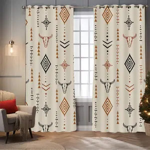 2 panels Aztec Bull Skull Curtains, Traditional Style, Denim Boho Design, Durable Polyester Fabric, Home Decor for Bedroom & Living Room, Home Decoration Curtain
