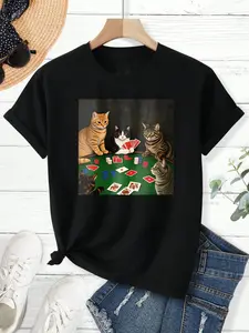 Men's Funny Cats Playing Poker Graphic T-Shirt, Casual Animal Card Game Tee