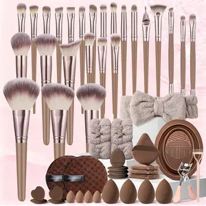 Brown 53Pcs Makeup Tool Set, Professional Cosmetic Brush Set includes 25Pcs Multi-functional Brushes, Beauty Sponge, Makeup Puff, Eye Makeup Tools, Headband & Wristbands, Cleaning Tools, Professional Makeup Kit for Beginners & Experts