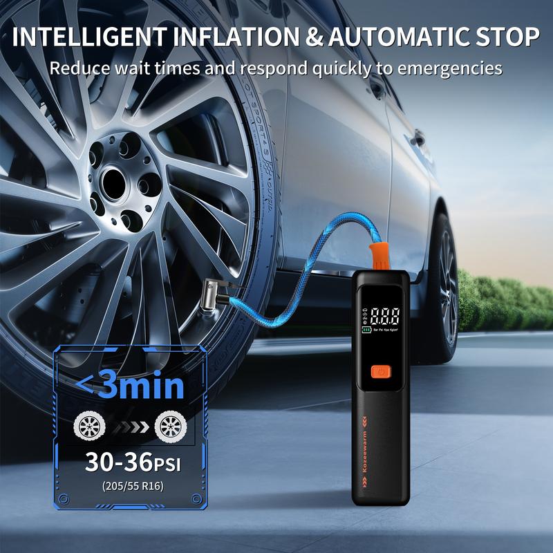 Kozzenwarm Electric Air Pump with Smart Pressure Control Portable Air Compressor One-Button Start Inflation Type-C Charging Port 4 Interchangeable Nozzles for Cars Motorcycles Bicycles Balls Compact Storage airpump
