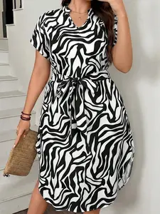 Plus Size Geometric Print Dress | Notch Neck Batwing Sleeve | Bohemia Vacation Casual
