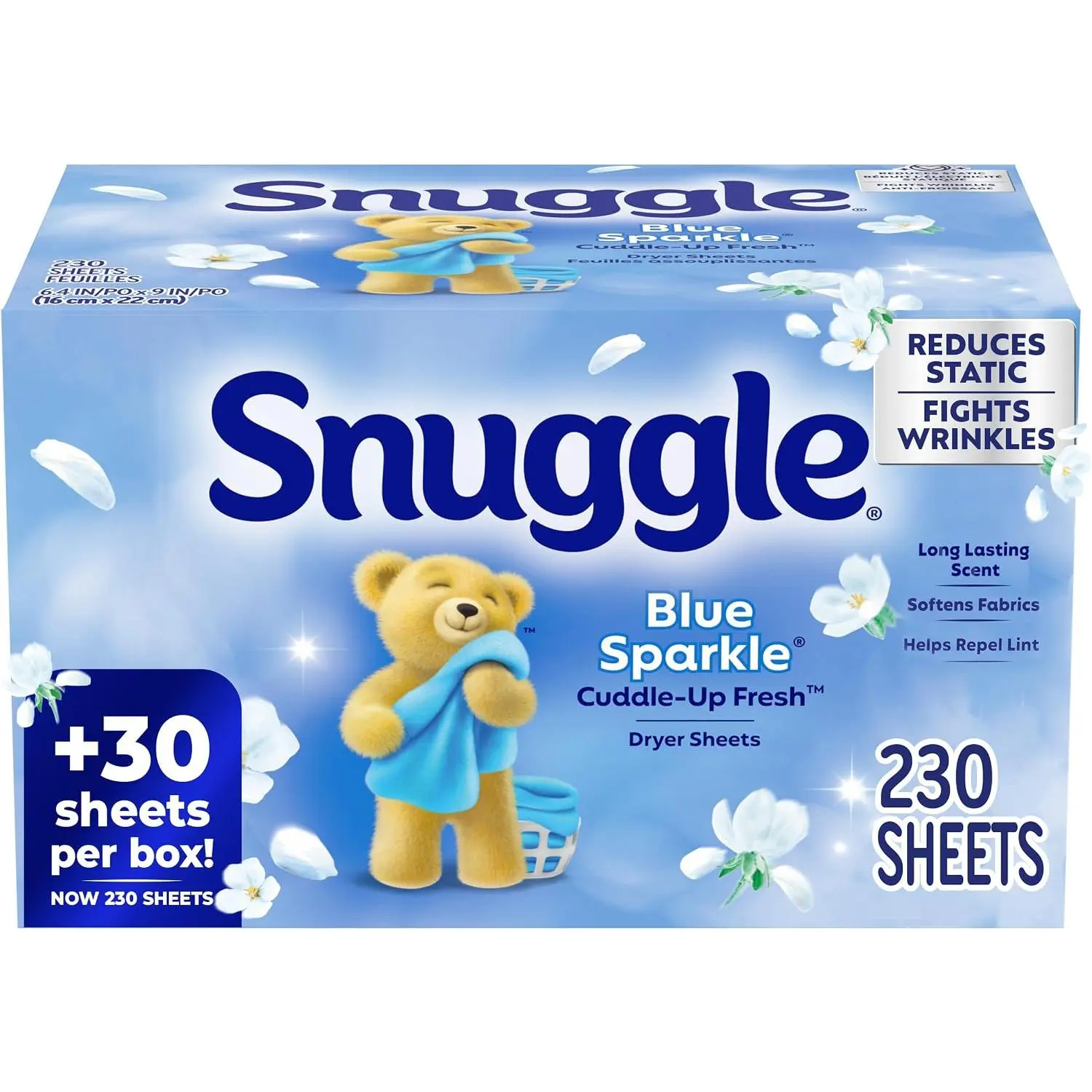 Snuggle Fabric Softener Dryer Sheets, Long-Lasting Fresh & Clean Scent, Softens Fabric, Reduces Static, Fights Wrinkles, Helps Repel Lint & Pet Hair, HE Safe, Blue Sparkle Cuddle-Up Fresh, 230 Ct