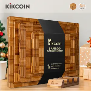 [Gift Idea]Kikcoin End Grain 3PCS Cutting Boards with Holder,Extra Large natural Wooden Butcher Block,Charcuterie Cheese Serving Tray,Handles & Juice Groove,Checkered,Christmas gifts