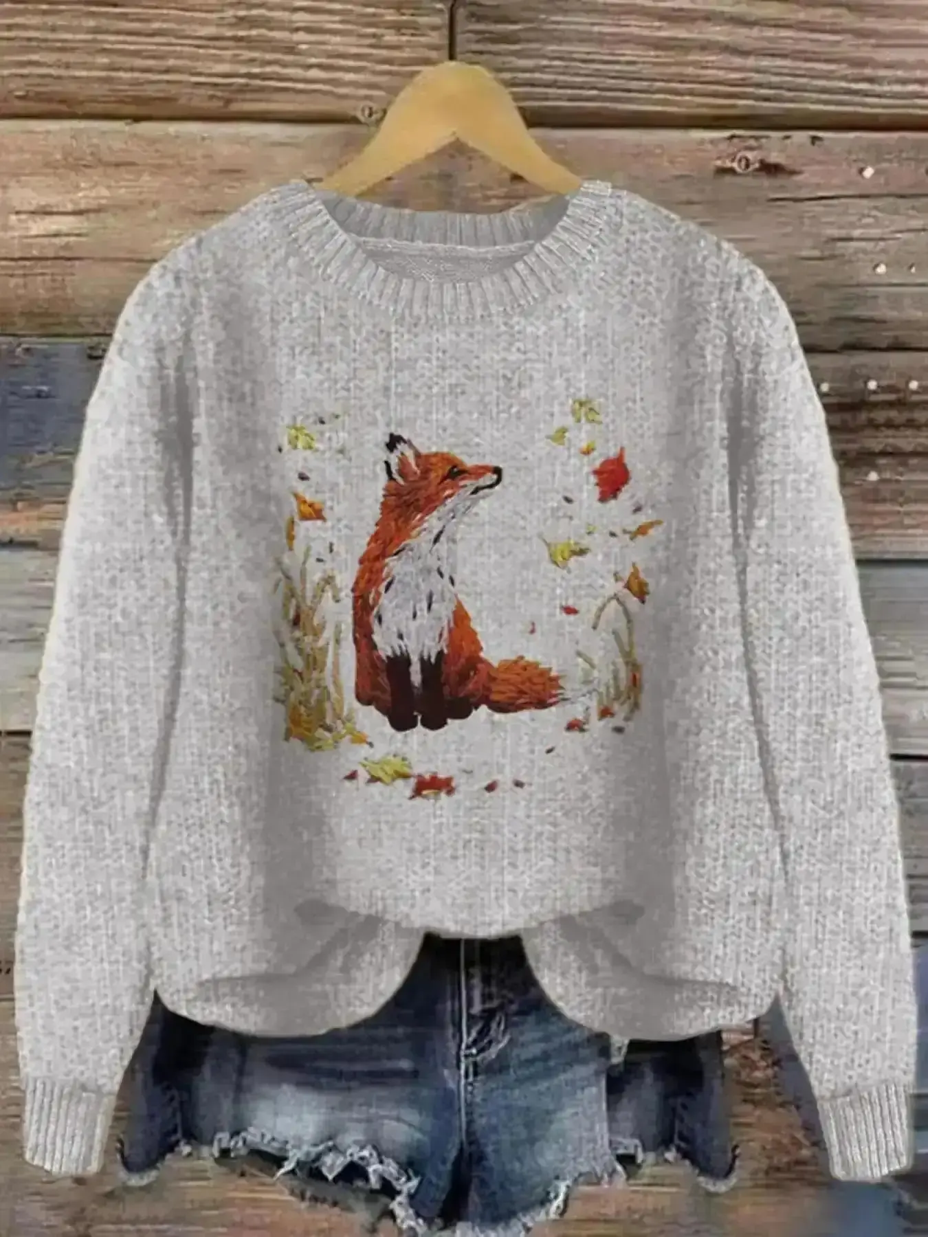 Fashion Winter Layering, Fox & Leaf Print Drop Shoulder Sweater Pullover, Casual Long Sleeve Round Neck Jumper for Fall & Winter, Fashion Ladies' Knitwear Daily Wear, Tops, Womenswear, Basic, Trendy, Versatile, Comfort