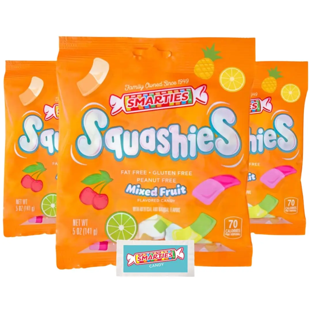 Smarties Squashies Mixed Fruit Flavor & Smarties Sampler Packet Variety Pack- Peanut Free, Gluten Free & Fat Free Gummy Candy - Perfect for Birthday & Halloween Party Favors chewy candy - 5 oz Candy Bags (Pack of 3)