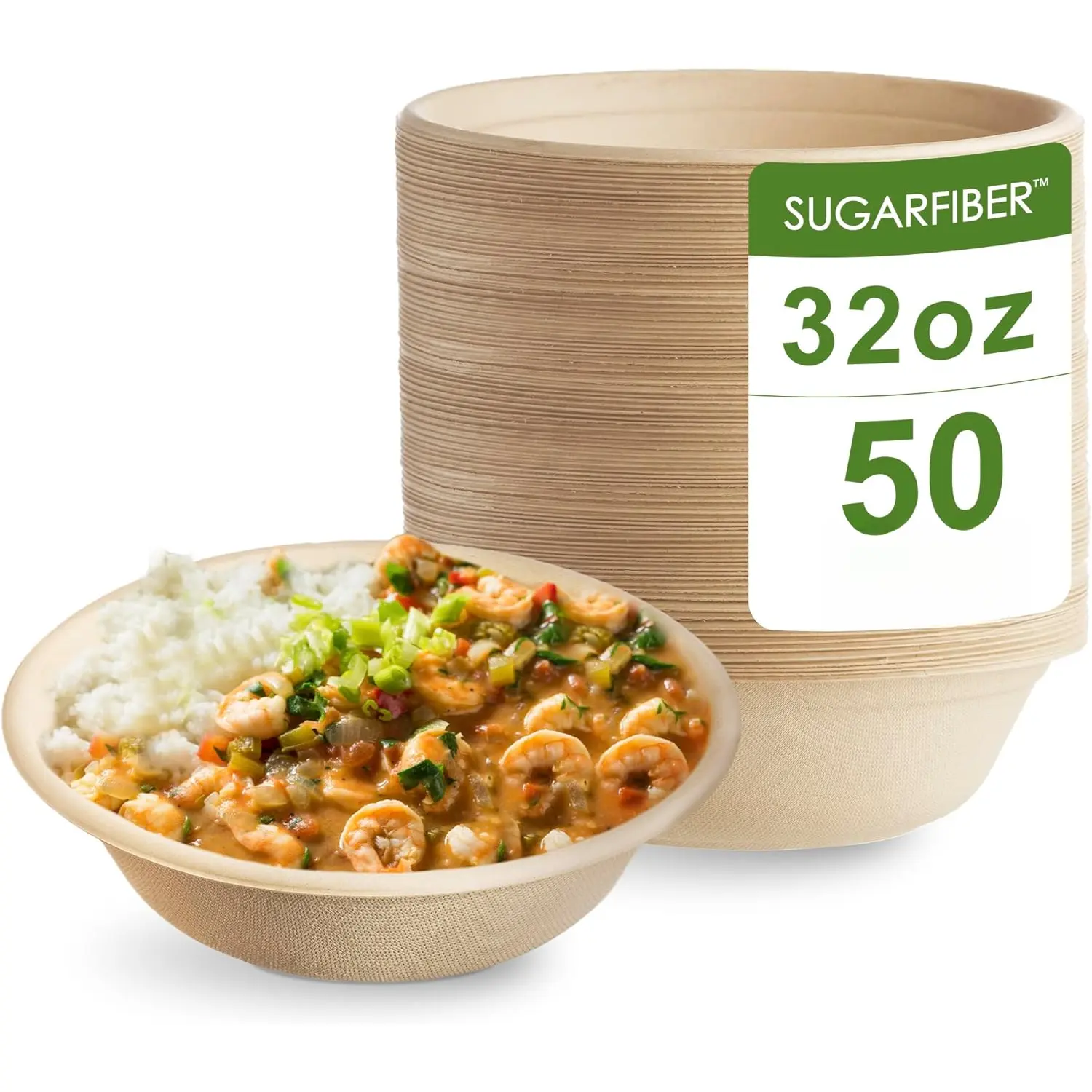 50-Count Compostable Heavy-Duty Disposable Bagasse Soup Bowls, 32oz Round Sugarcane Dinnerware (Free Incl.), Microwave-Safe for Meal Prep, Takeout, Wedding Events, Containers