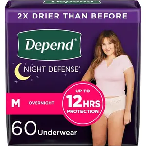 Depend Night Defense Adult Incontinence & Postpartum Bladder Leak Underwear for Women 60 Count 4 Packs of 15 Disposable Overnight Medium Blush