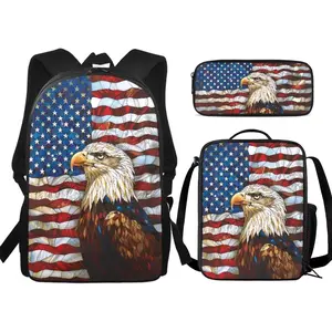 Eagle American Flag 250th Anniversary Print College Student 17 Inch Laptop Backpack with Lunch Bag 3 Piece School Backpack Set with Pencil Case for University Commute Blue