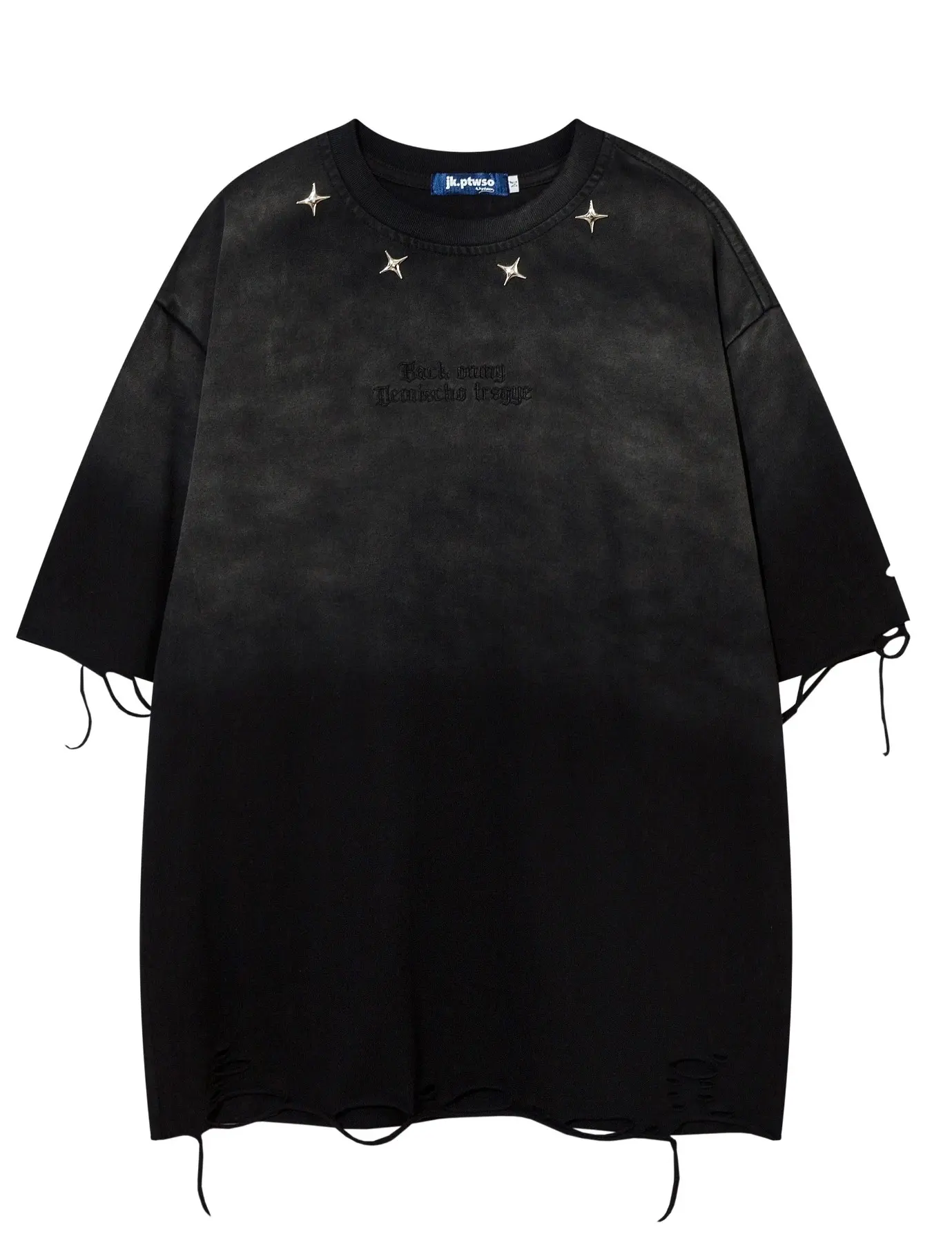 Summer Trendy Streetwear Aesthetic Washed Vintage Gradient Rivet Design Graphic Letter Embroidery Loose Round Neck Short Sleeve T-Shirt, Menswear Men's Fashion Casual Half-Sleeve Top, Casual Trendy Tee, Casual Summer Clothing