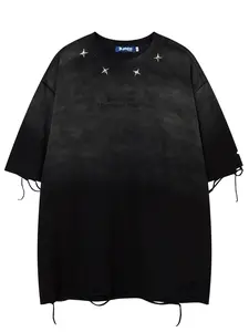 Summer Trendy Streetwear Aesthetic Washed Vintage Gradient Rivet Design Graphic Letter Embroidery Loose Round Neck Short Sleeve T-Shirt, Menswear Men's Fashion Casual Half-Sleeve Top