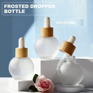 3-Piece Glass Round Latex Bottle with Drip and Bamboo Lid, Unscented, Hand Wash, Essential Oil and Cosmetic Containers for Perfume and Liquid Storage, Reusable Glass Bottles, Lotion Bottle