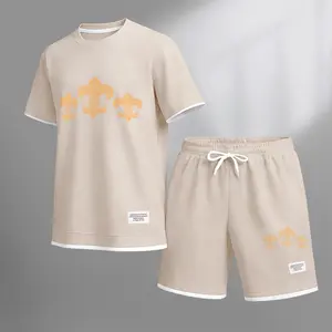 Men's Classic Iris print drawstring shorts set for spring/summer, a casual summer outfit including a short-sleeved shirt and shorts, suitable for everyday wear and sports. A two-piece set for a relaxed and energetic lifestyle.