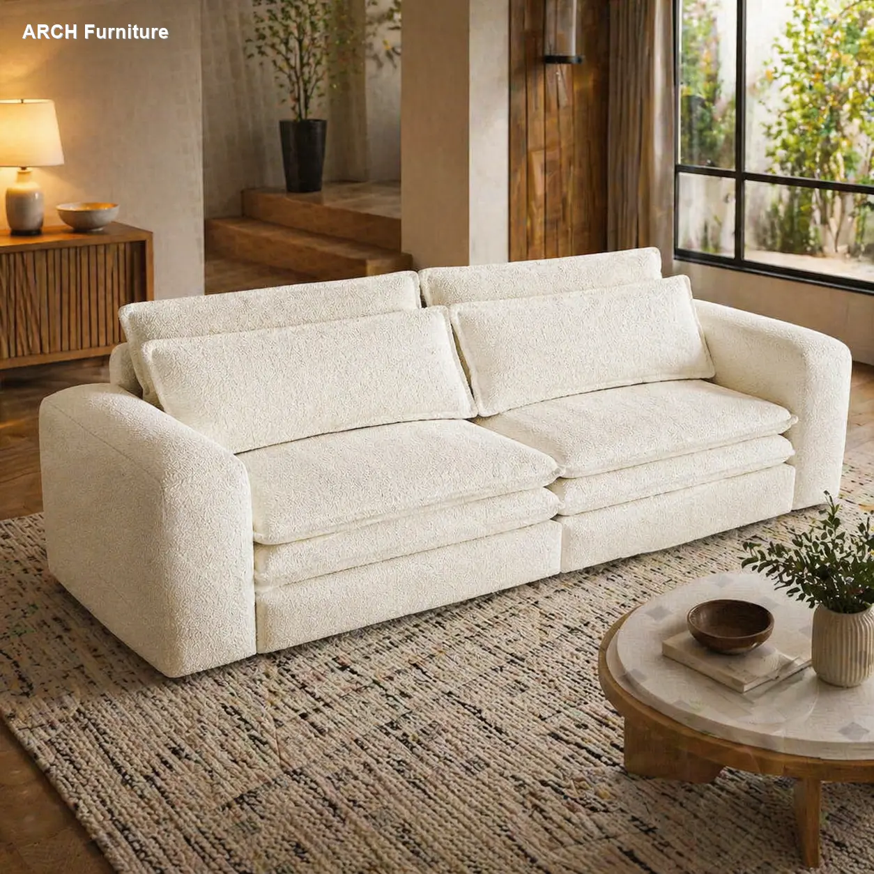 3-in-1 3-Seat King Size Convertible Sleeper Sectional Sofa Couch with Chaise Lounge, Lumbar Pillows and Large Teddy Fabric - Modern Beige White Indoor Living Room, Apartment Furniture, Three Seats