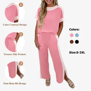 Fisoew Women’s Ribbed Two Piece Outfit Color Block Short Sleeve Top & Wide Leg Pants Set with Pockets SpringStatements